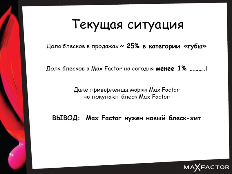 Текущая ситуация Доля блесков в продажах ~ 25% в категории «губы»   Доля